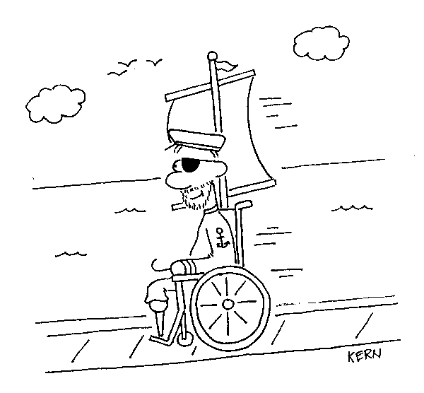 pirate with  eye patch, hook hand, sailing in wheelchair