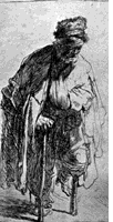 woodcut of man in rags, begging