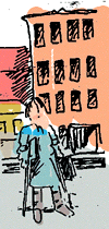 Sketch of woman on crutches and a building
