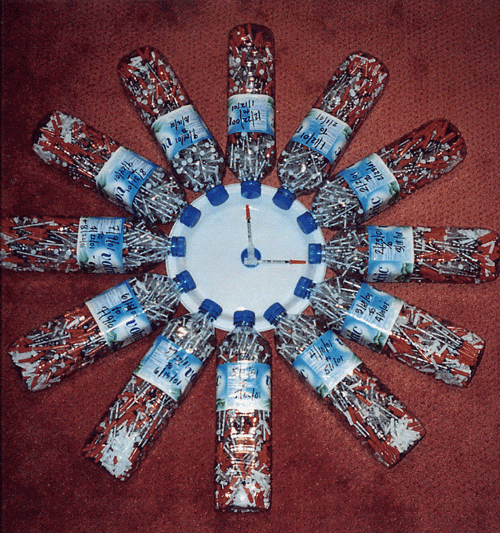photo of coke bottles filled with insulin needles in a collage forming a clock